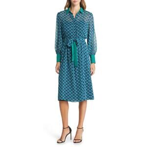 Tahari Asl 'Twin' Black Chiffon Print Long Sleeve Midi Shirtdress Size 12